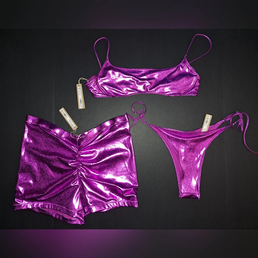 NWT SKIMS 3 Pc SET Metallic Swim Tie Bottoms Bikini Top Shorts DRAGONFRUIT L XL